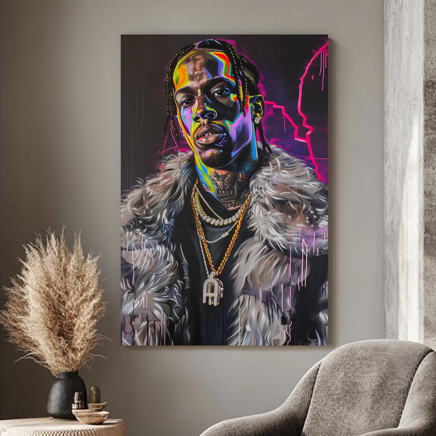 Travis Scott Bold modern portrait with neon hues and dripping paint accents.