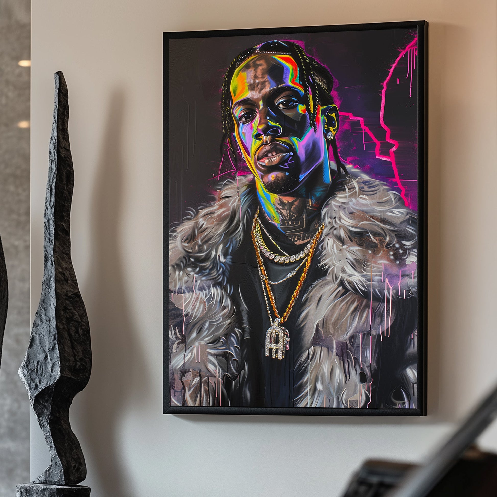 Travis Scott Bold modern portrait with neon hues and dripping paint accents.