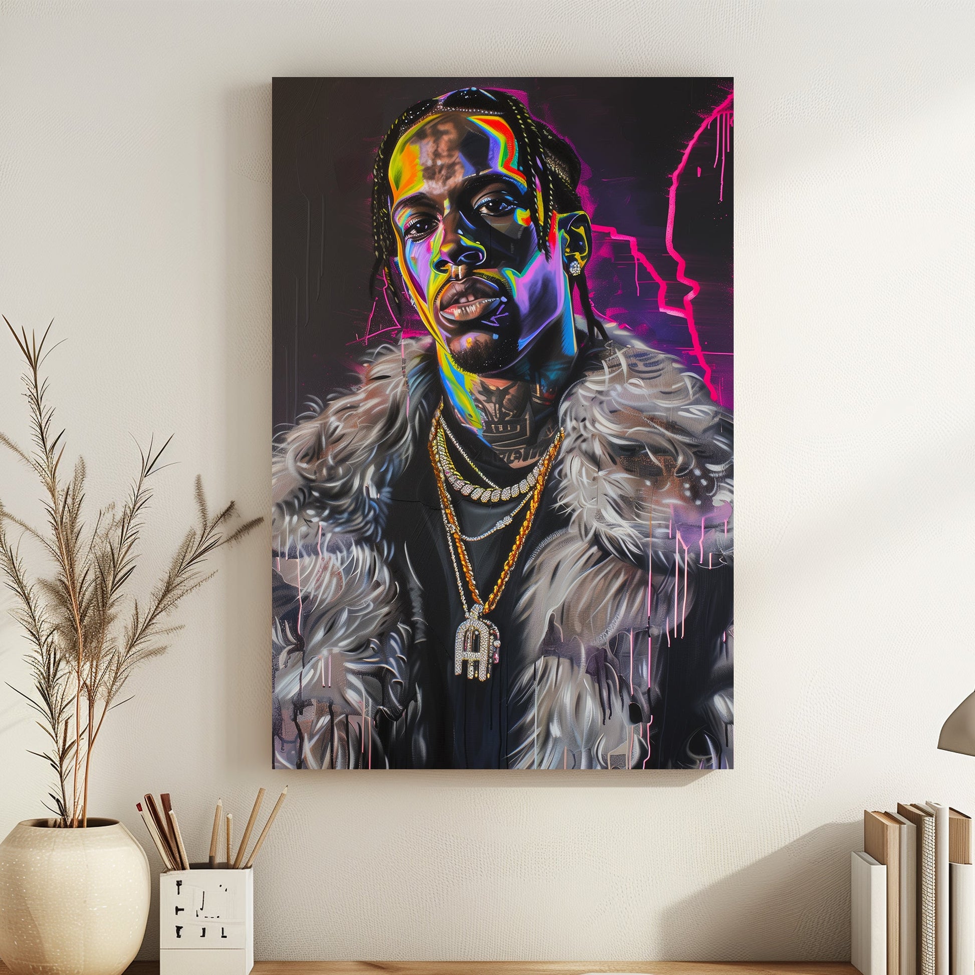 Travis Scott Bold modern portrait with neon hues and dripping paint accents.