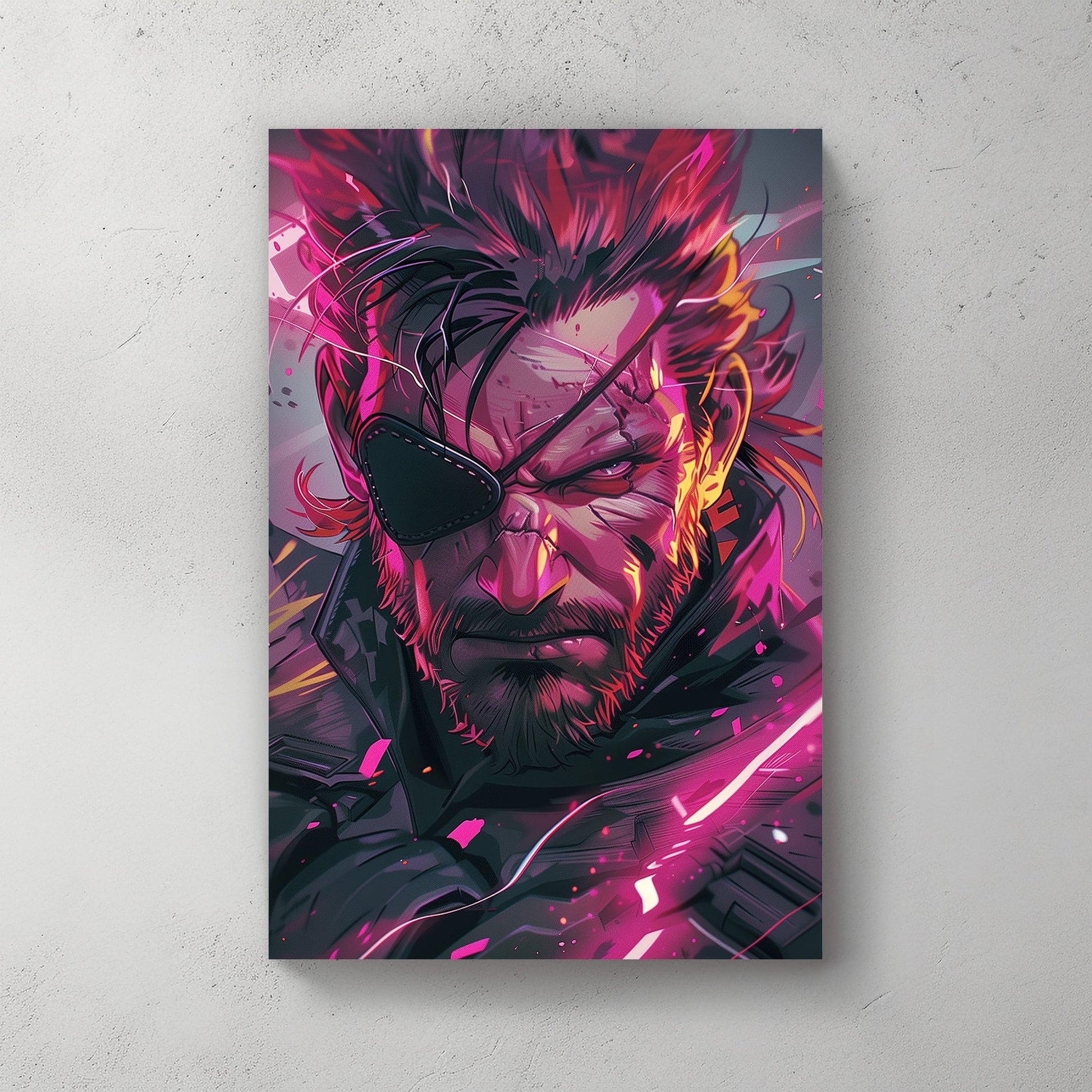 Fierce Solid Snake from Metal Gear Solid portrait with neon highlights and splashes of vibrant colour.