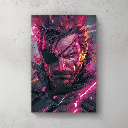 Fierce Solid Snake from Metal Gear Solid portrait with neon highlights and splashes of vibrant colour.