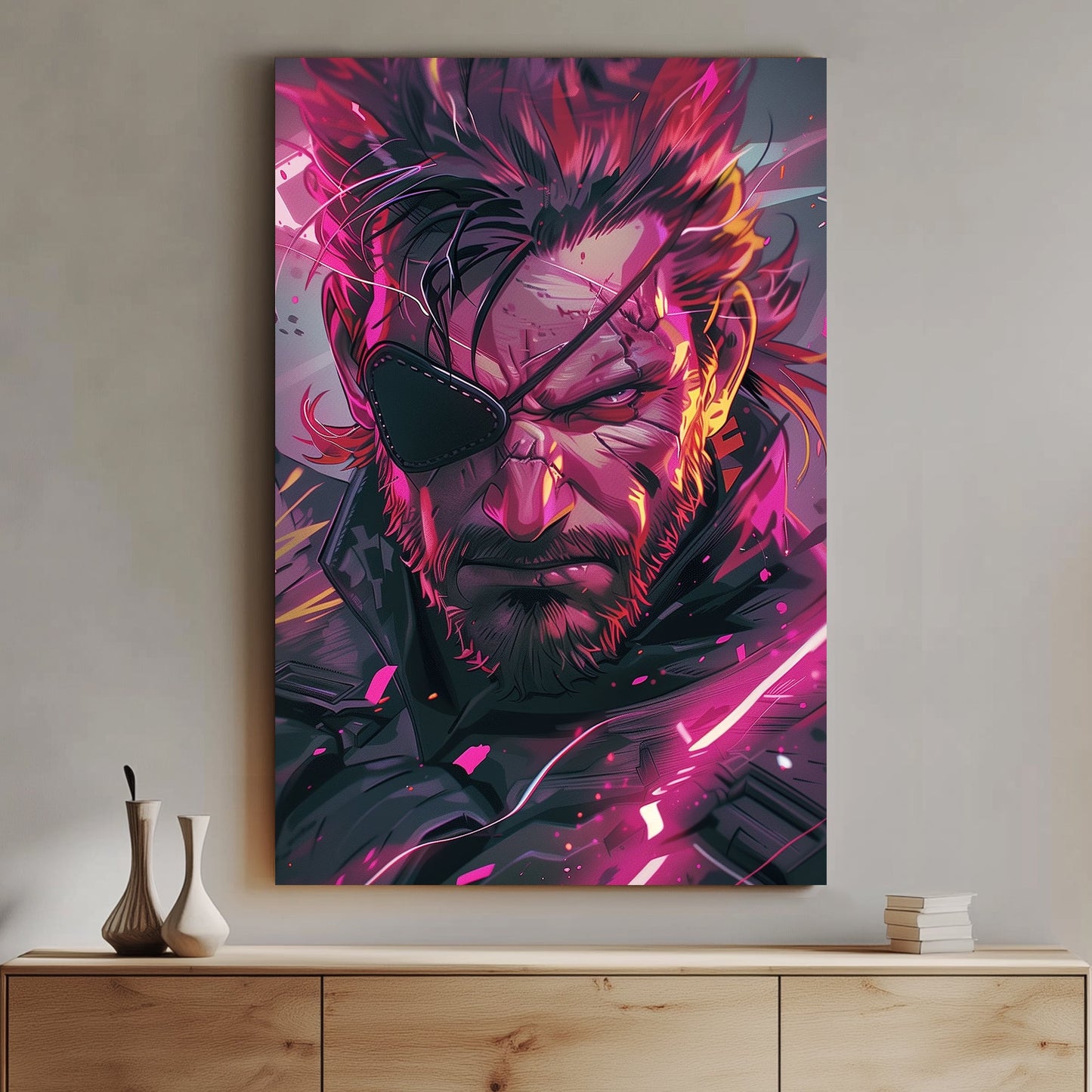 Fierce Solid Snake from Metal Gear Solid portrait with neon highlights and splashes of vibrant colour.