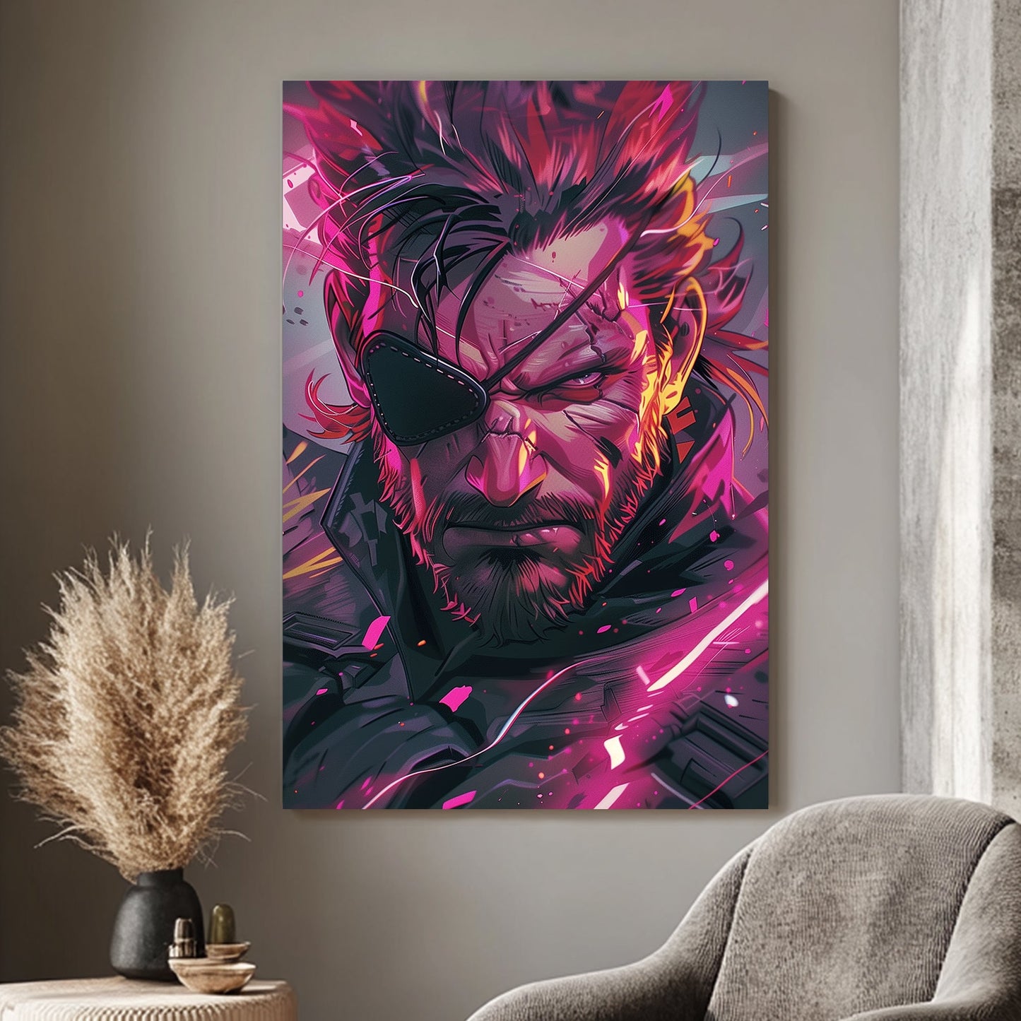 Fierce Solid Snake from Metal Gear Solid portrait with neon highlights and splashes of vibrant colour.