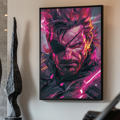 Fierce Solid Snake from Metal Gear Solid portrait with neon highlights and splashes of vibrant colour.