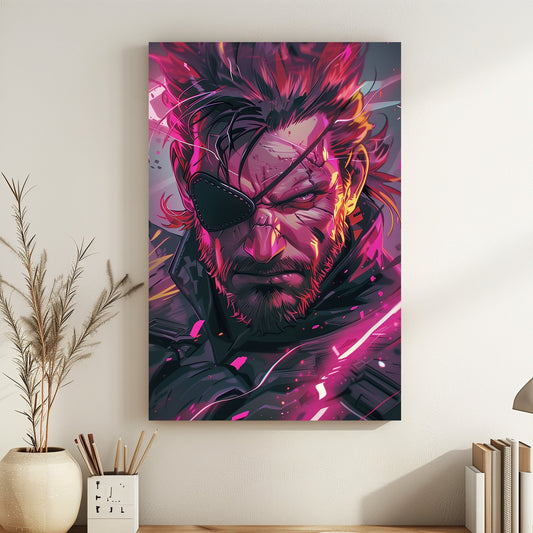 Fierce Solid Snake from Metal Gear Solid portrait with neon highlights and splashes of vibrant colour.