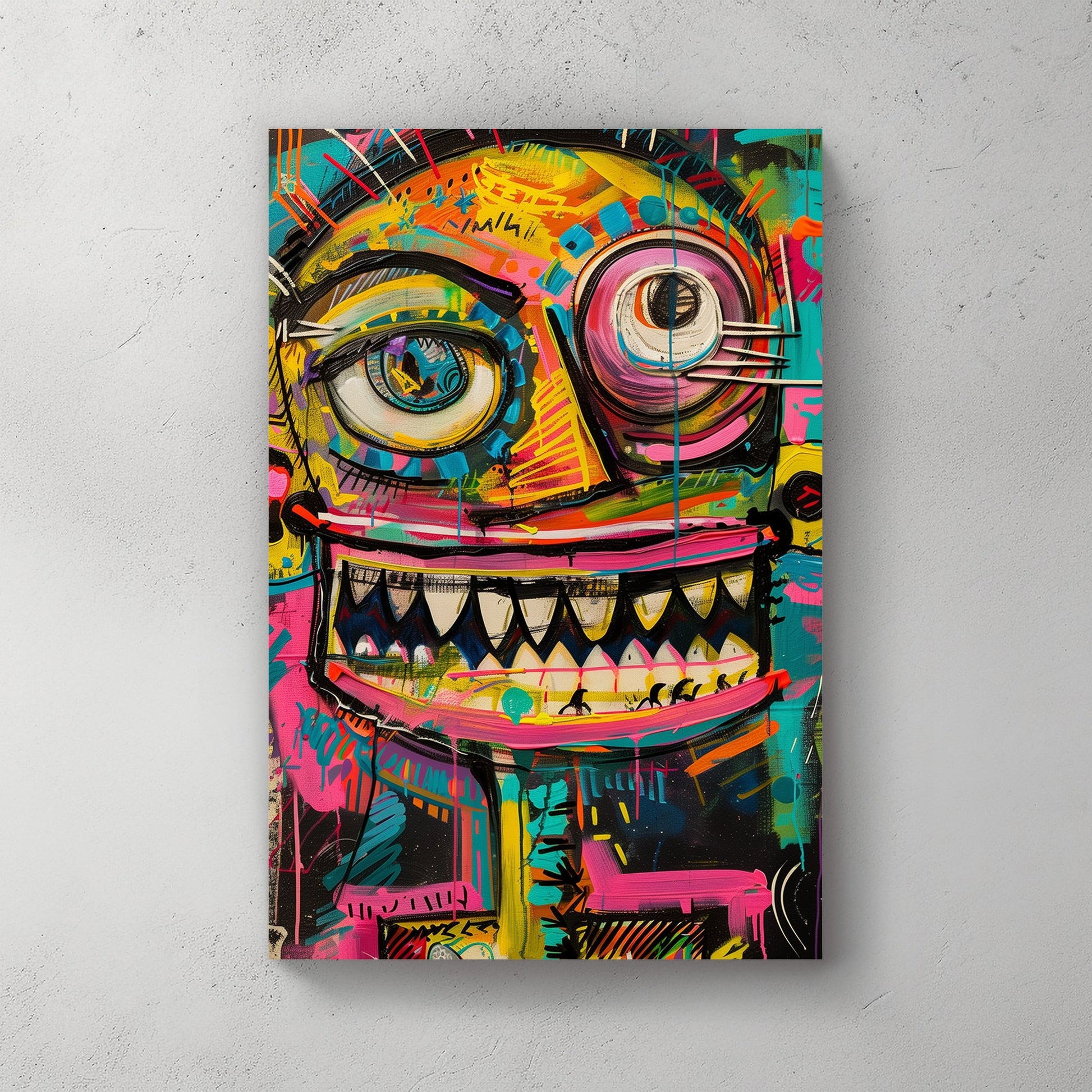 Colourful abstract graffiti-style character with a wide grin and vibrant details.