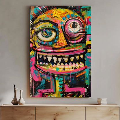 Colourful abstract graffiti-style character with a wide grin and vibrant details.