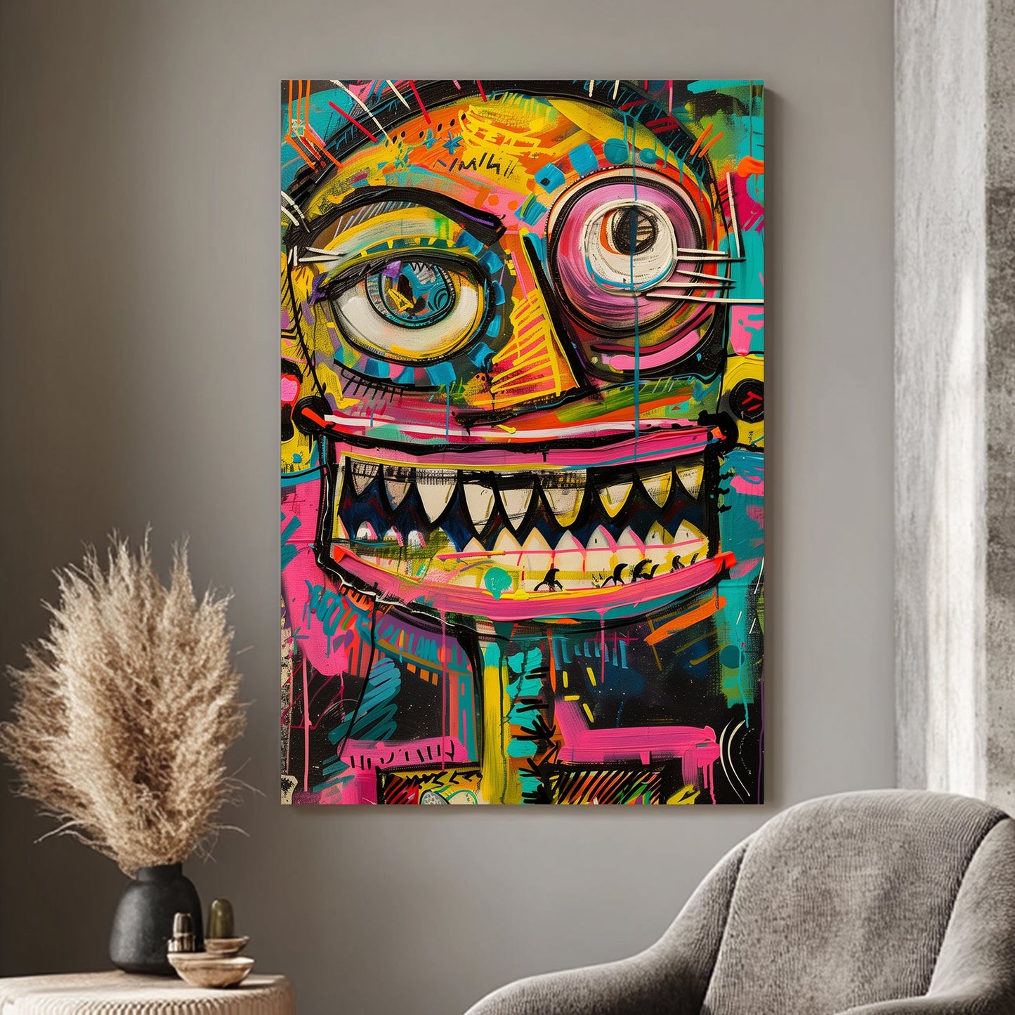 Colourful abstract graffiti-style character with a wide grin and vibrant details.