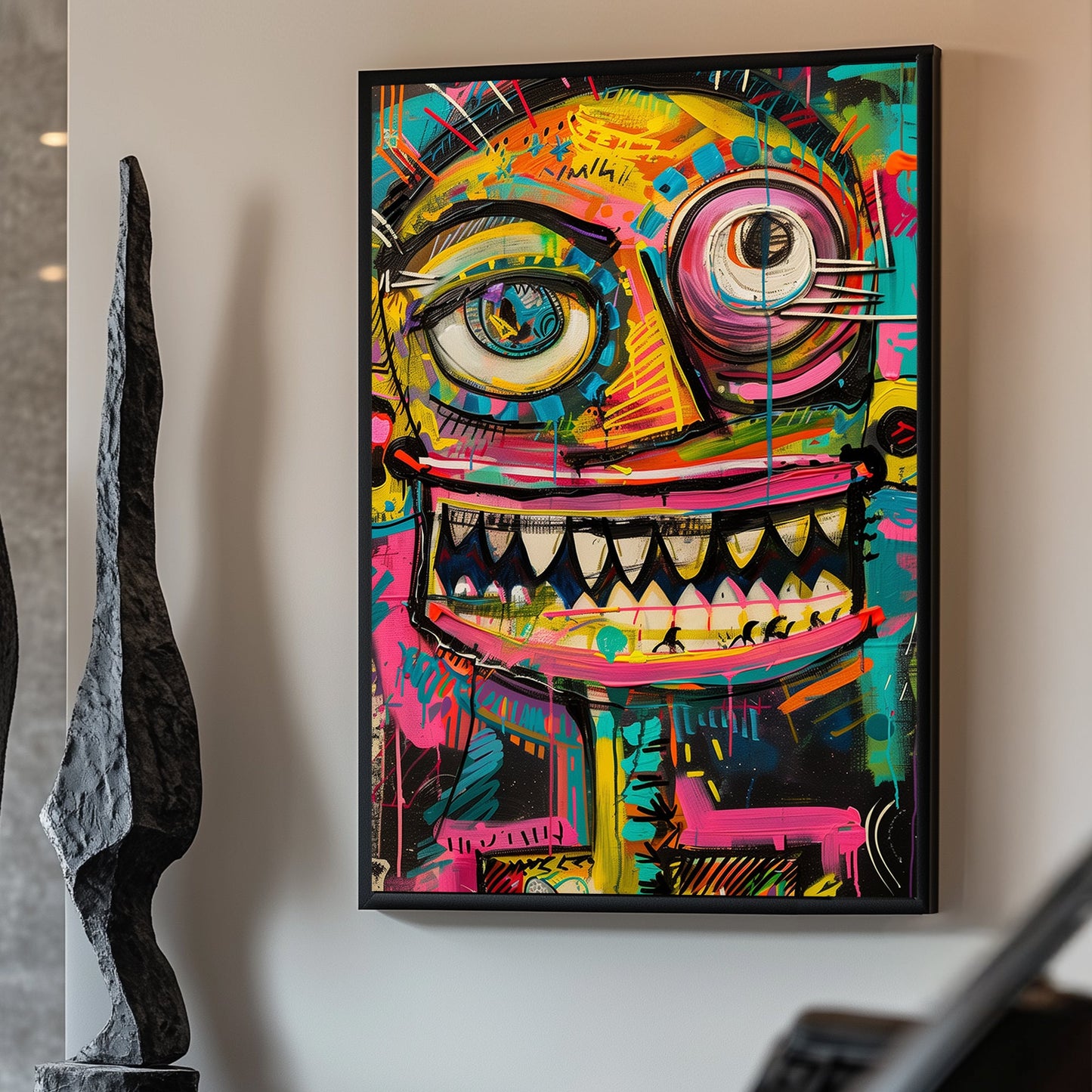 Colourful abstract graffiti-style character with a wide grin and vibrant details.