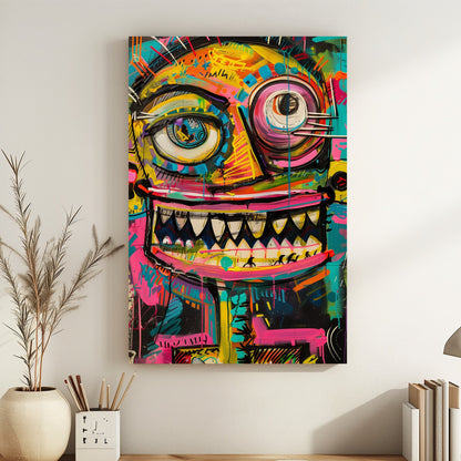 Colourful abstract graffiti-style character with a wide grin and vibrant details.