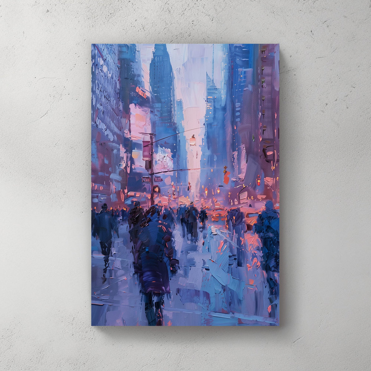 Abstract cityscape with textured brushstrokes in soft blue and pink hues depicting an evening street scene.