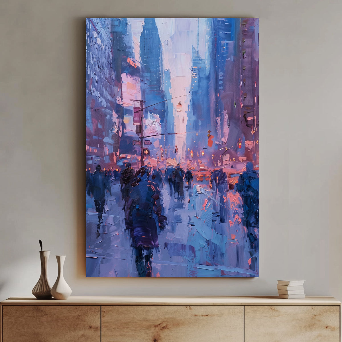 Abstract cityscape with textured brushstrokes in soft blue and pink hues depicting an evening street scene.