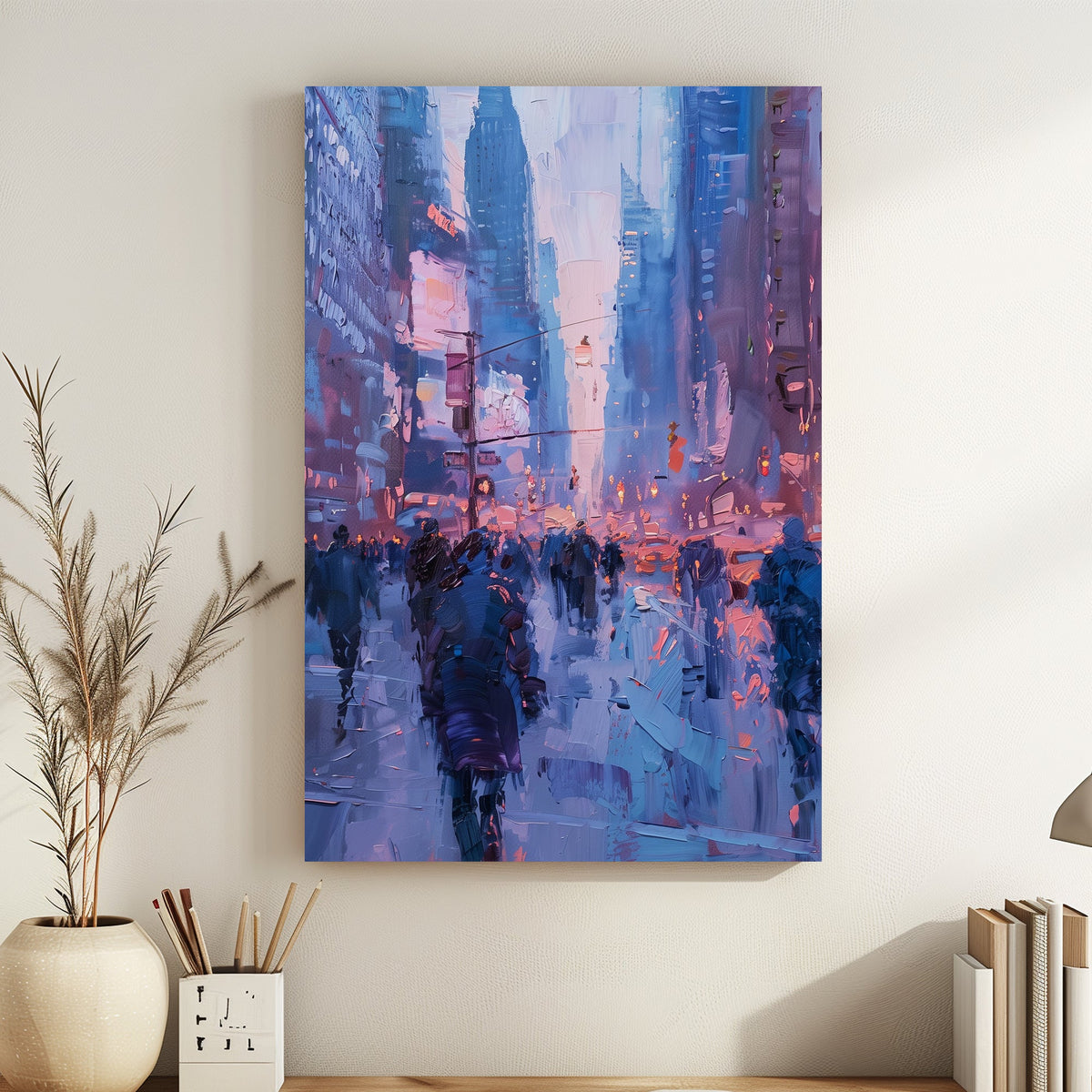 Abstract cityscape with textured brushstrokes in soft blue and pink hues depicting an evening street scene.