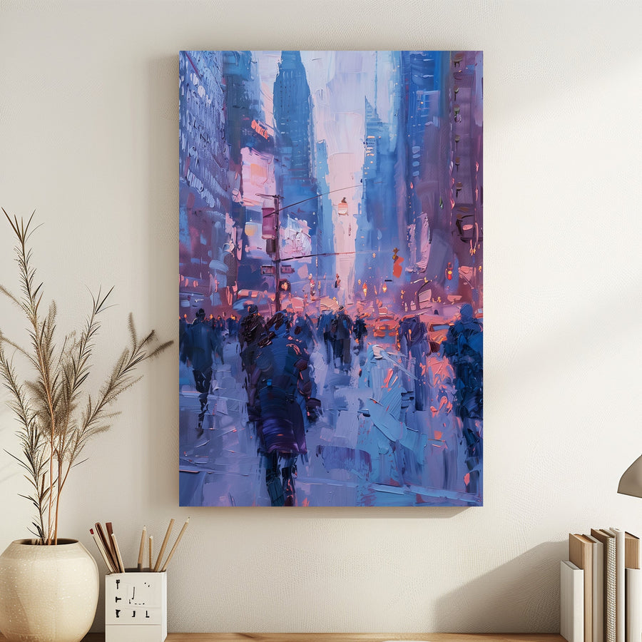 Abstract cityscape with textured brushstrokes in soft blue and pink hues depicting an evening street scene.