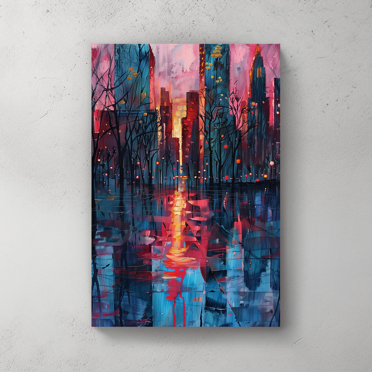 Cityscape at sunset with reflections on wet streets, featuring pink, blue, and orange tones with silhouetted trees.