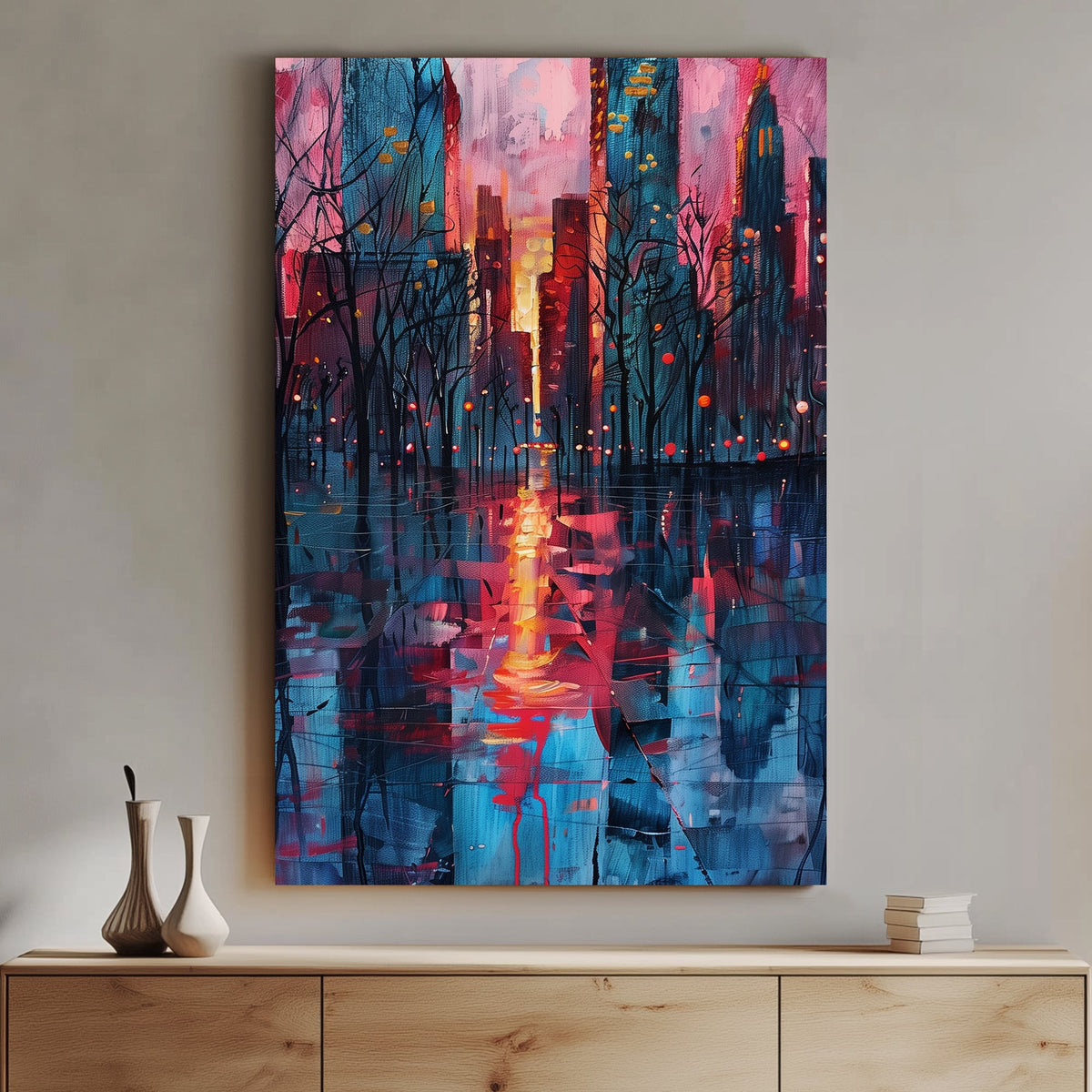 Cityscape at sunset with reflections on wet streets, featuring pink, blue, and orange tones with silhouetted trees.