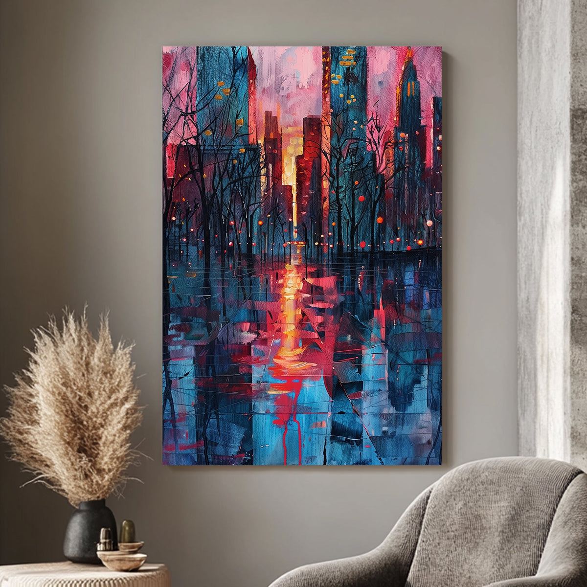 Cityscape at sunset with reflections on wet streets, featuring pink, blue, and orange tones with silhouetted trees.
