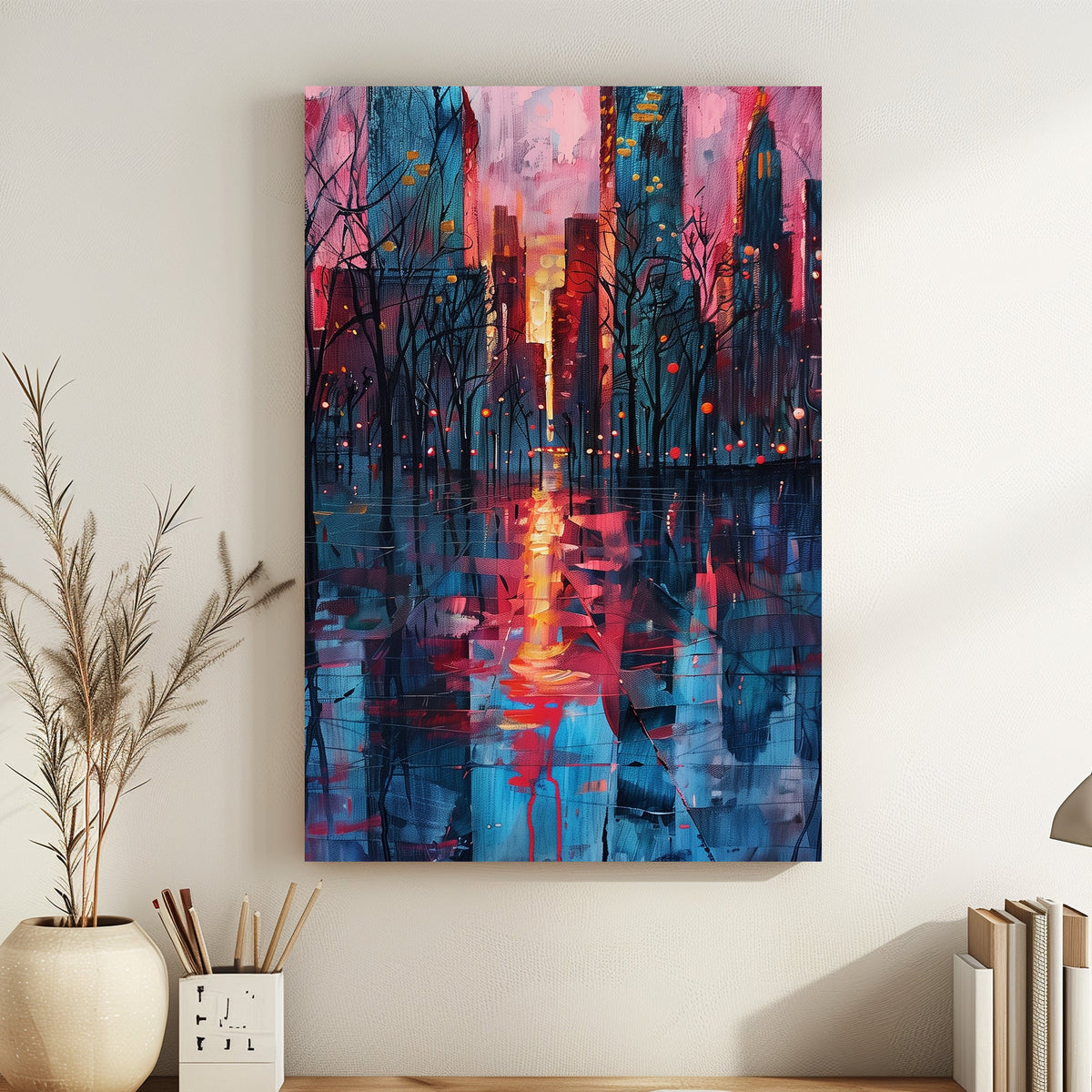 Cityscape at sunset with reflections on wet streets, featuring pink, blue, and orange tones with silhouetted trees.