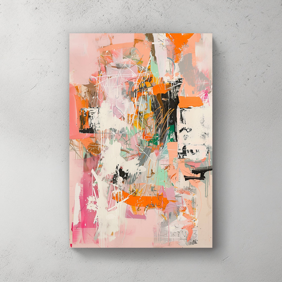 Abstract composition with soft pastel tones, bold orange accents, and dynamic layered brushstrokes.