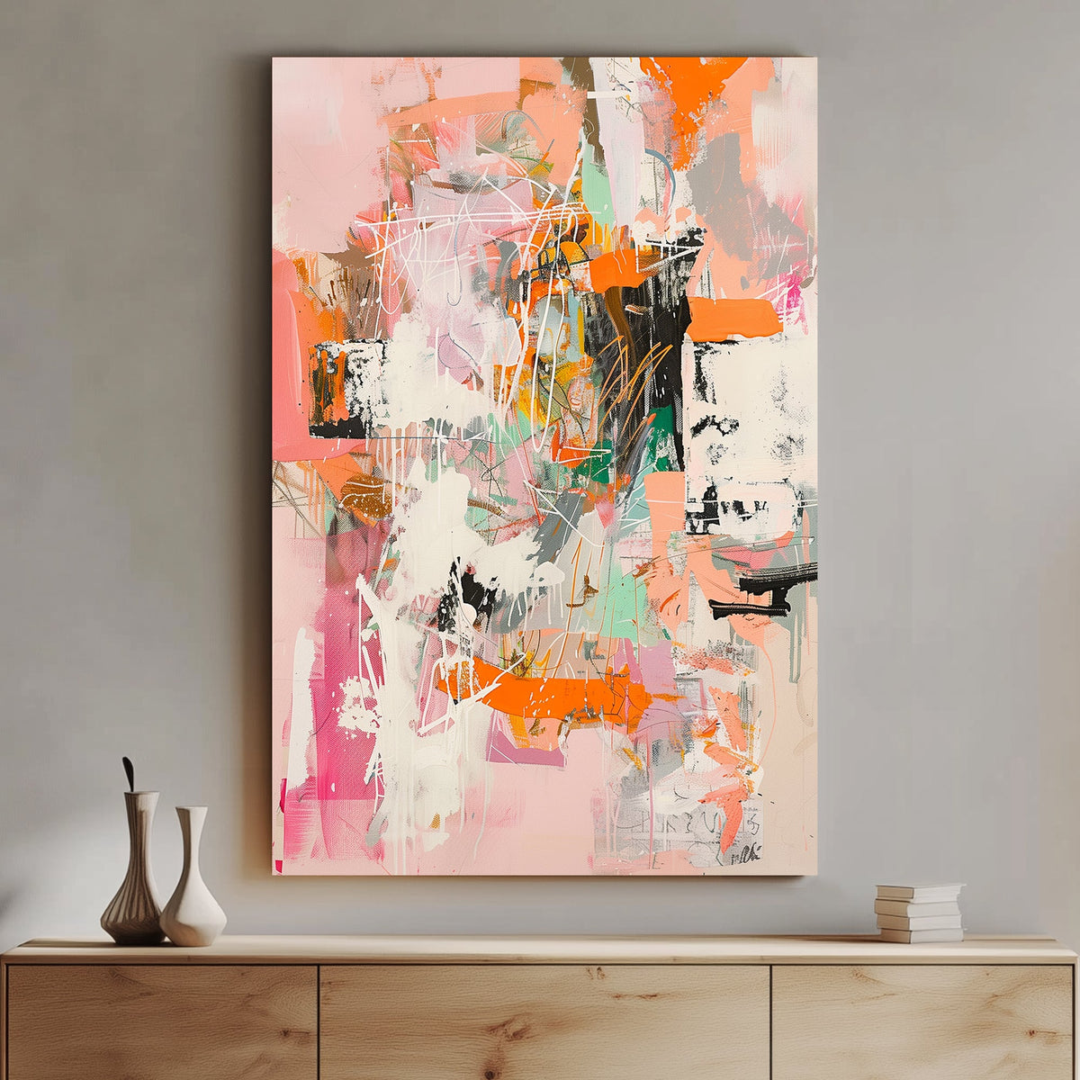 Abstract composition with soft pastel tones, bold orange accents, and dynamic layered brushstrokes.