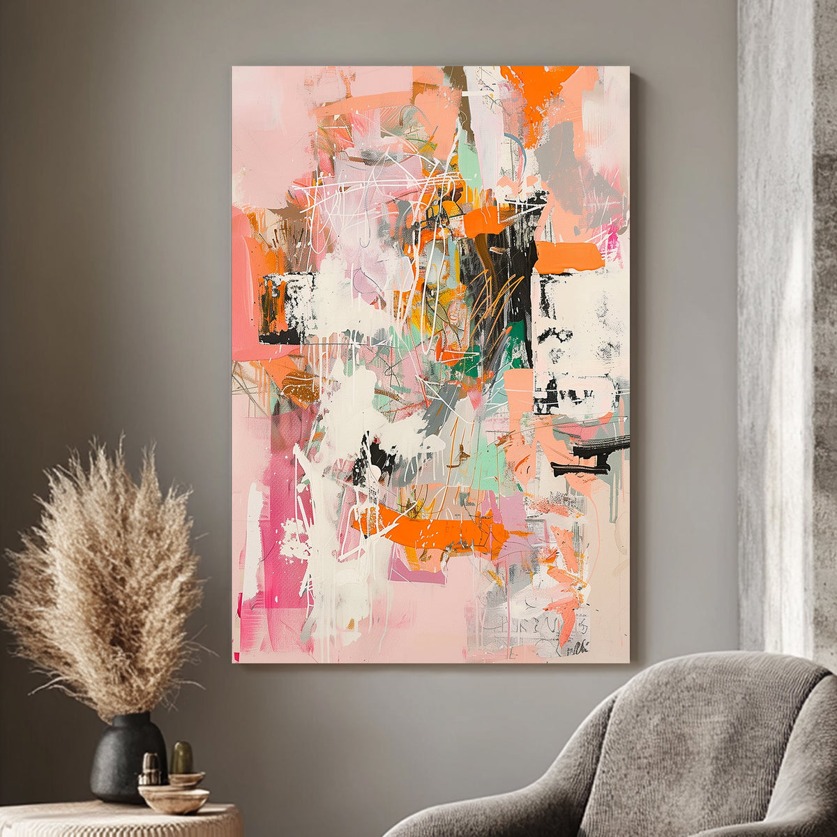 Abstract composition with soft pastel tones, bold orange accents, and dynamic layered brushstrokes.