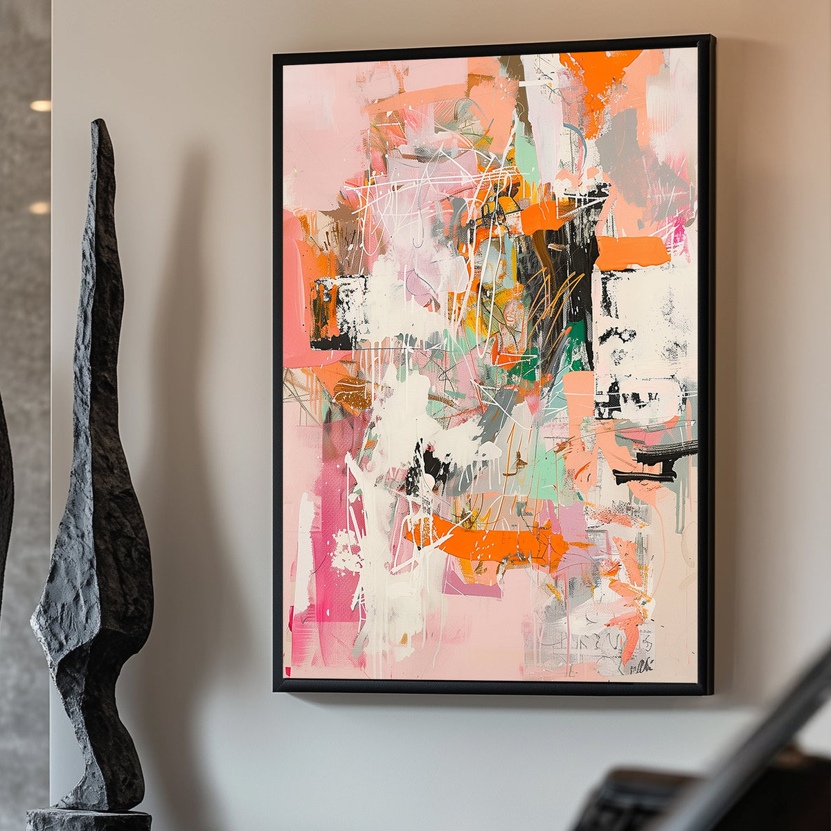 Abstract composition with soft pastel tones, bold orange accents, and dynamic layered brushstrokes.