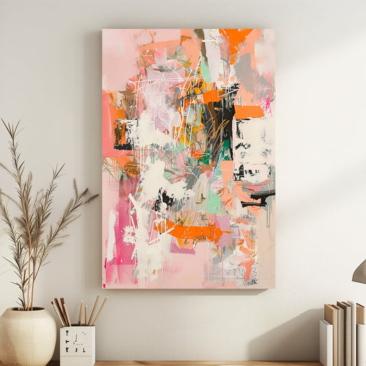 Abstract composition with soft pastel tones, bold orange accents, and dynamic layered brushstrokes.