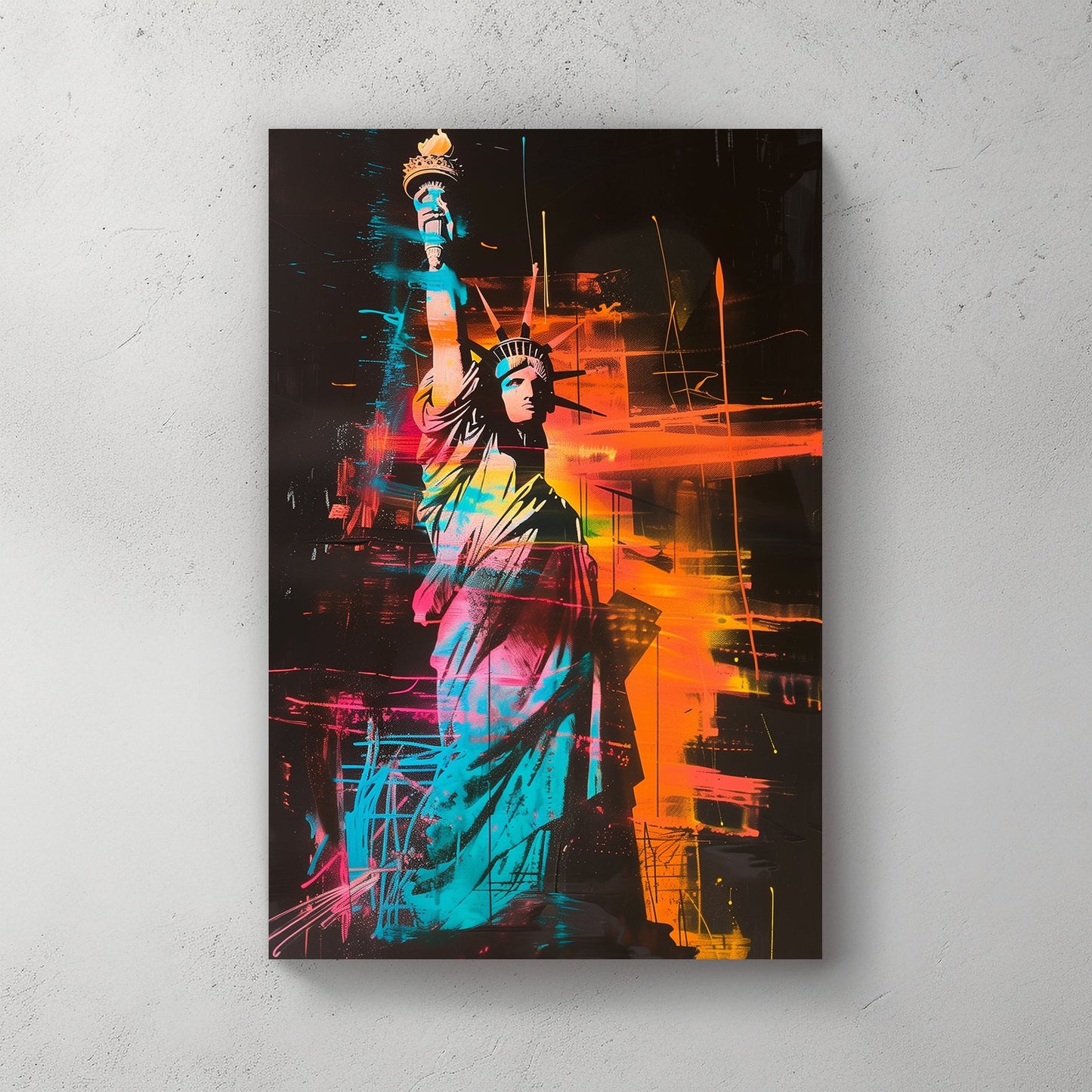 Statue of Liberty artwork with vibrant neon orange, blue, and pink colours on a black background.