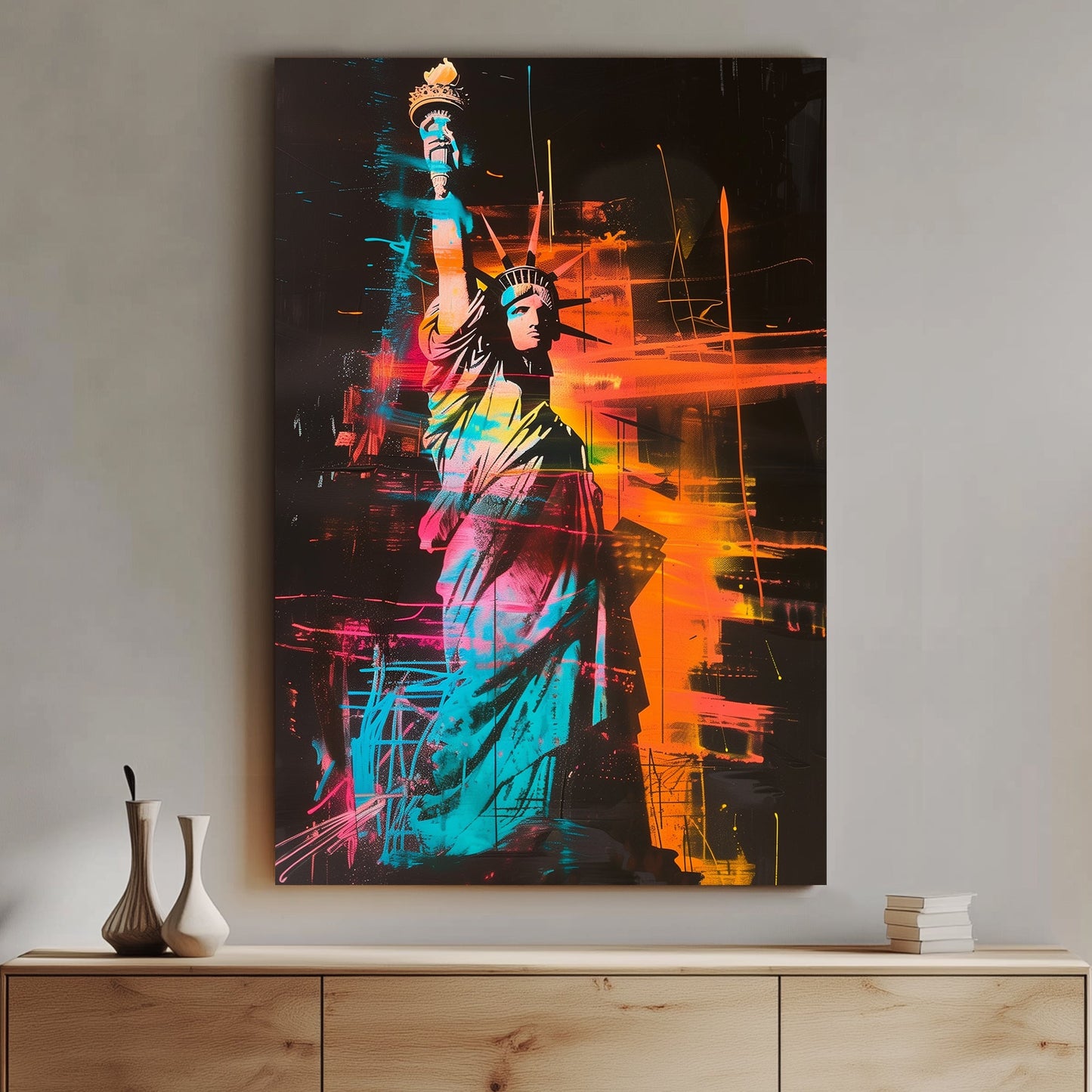 Statue of Liberty artwork with vibrant neon orange, blue, and pink colours on a black background.