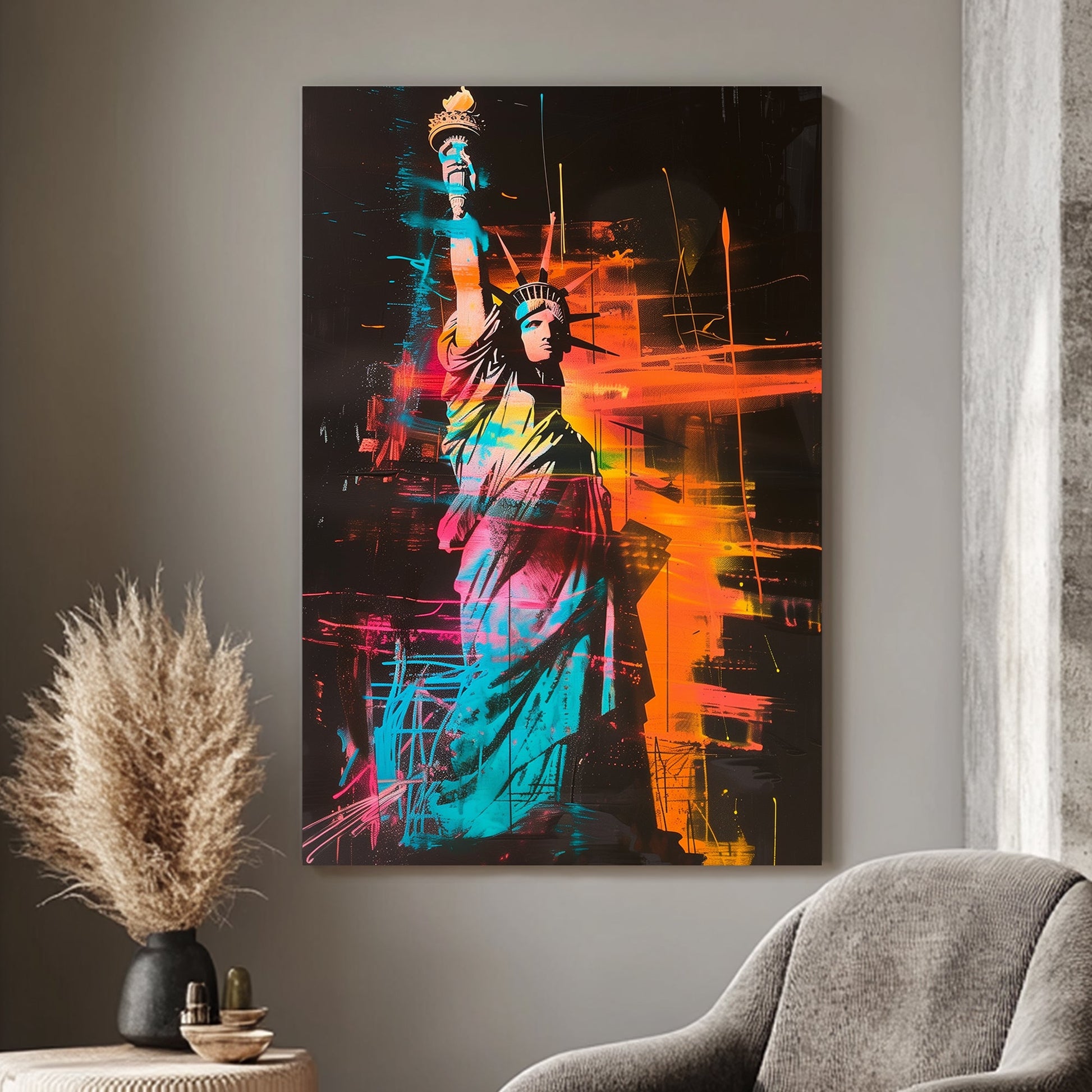 Statue of Liberty artwork with vibrant neon orange, blue, and pink colours on a black background.