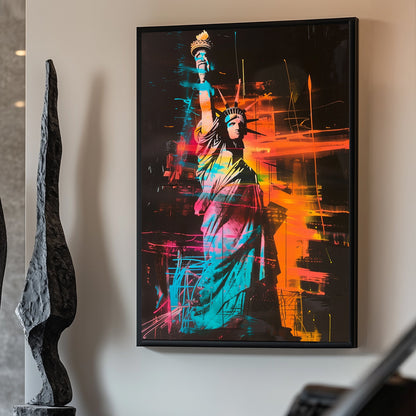 Statue of Liberty artwork with vibrant neon orange, blue, and pink colours on a black background.