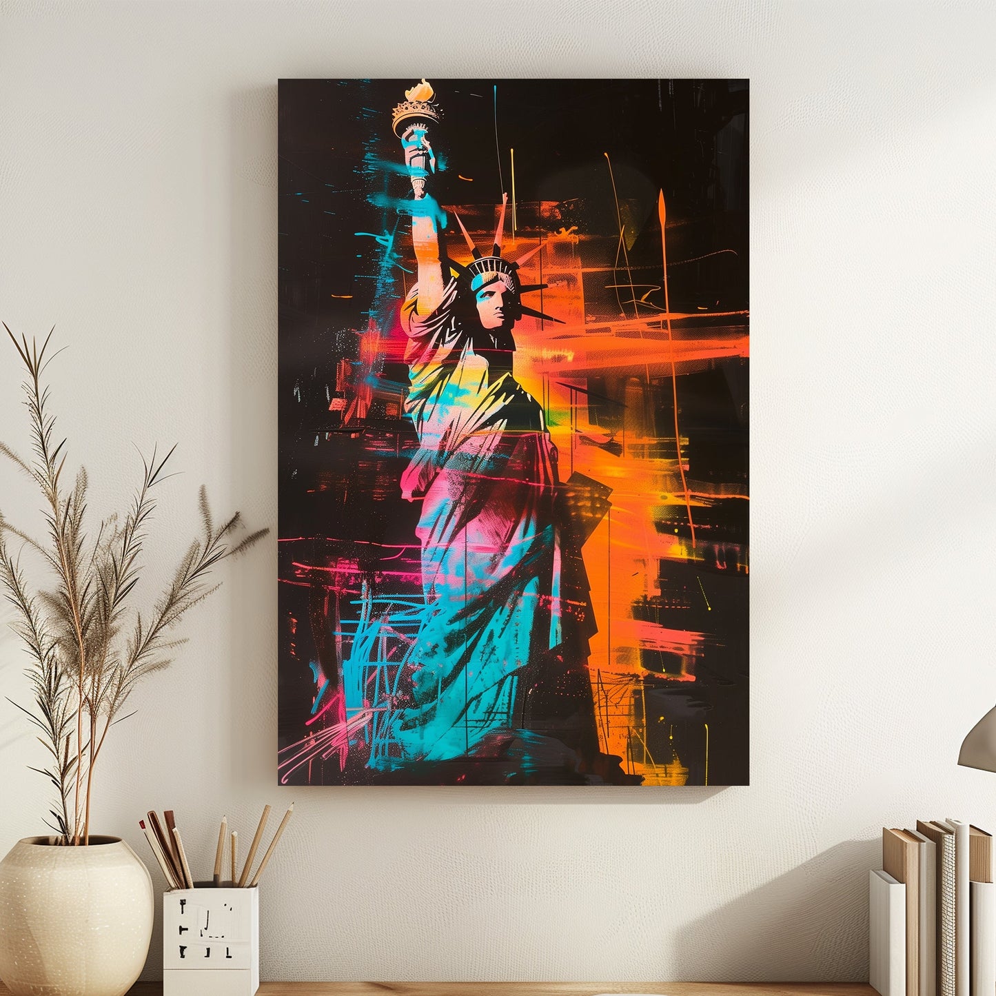 Statue of Liberty artwork with vibrant neon orange, blue, and pink colours on a black background.