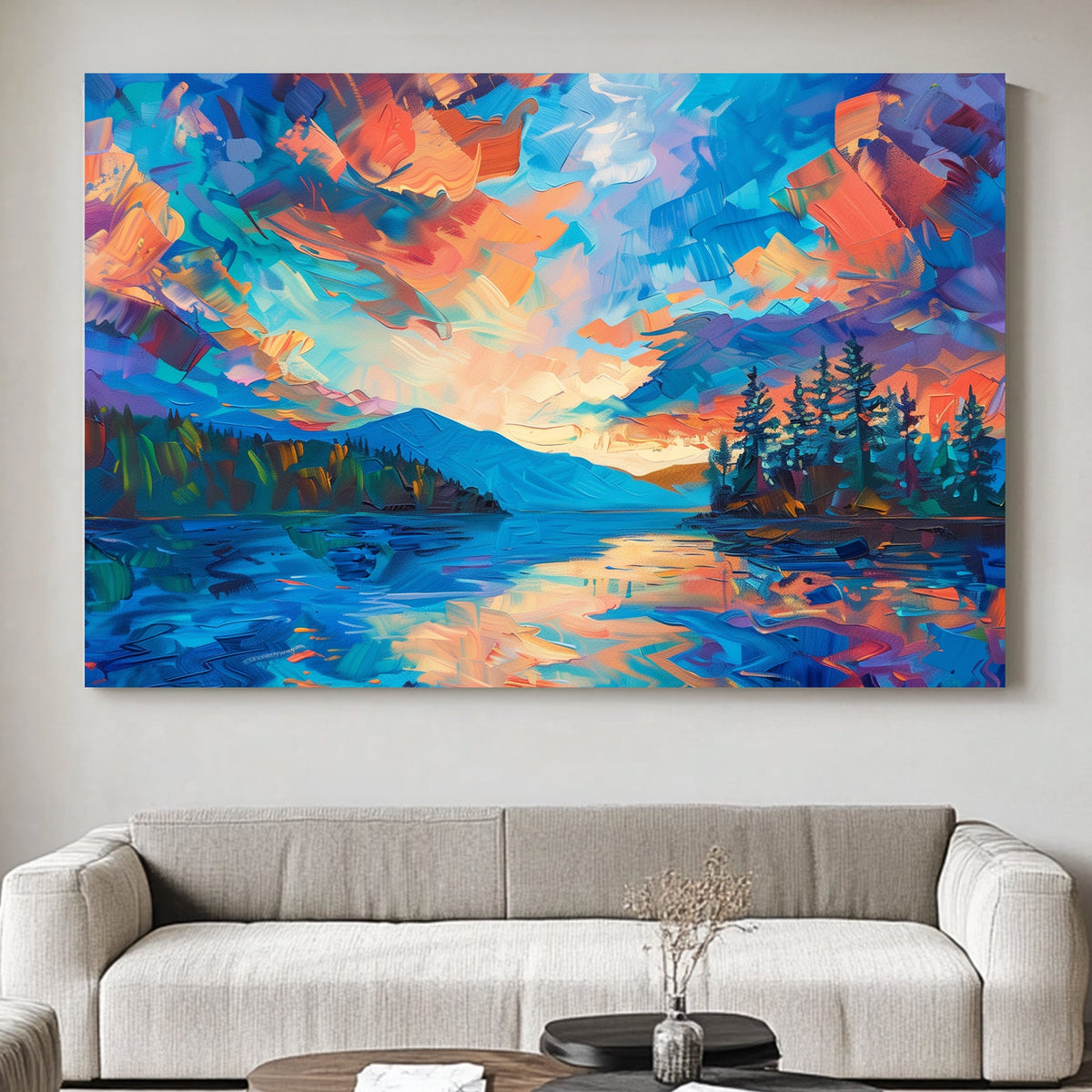 Landscape of a vivid sunset with bold blues, oranges, and purples reflected on serene waters and framed by silhouetted trees.