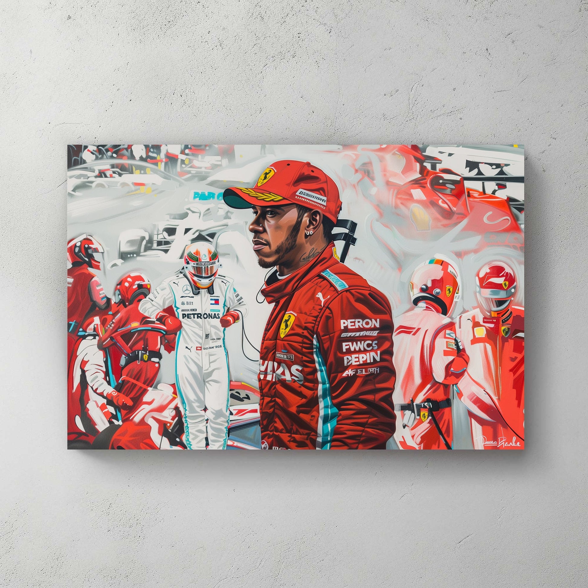 Lewis Hamilton Formula 1 pit stop scene with a driver in focus and vibrant red-clad pit crew in the background.