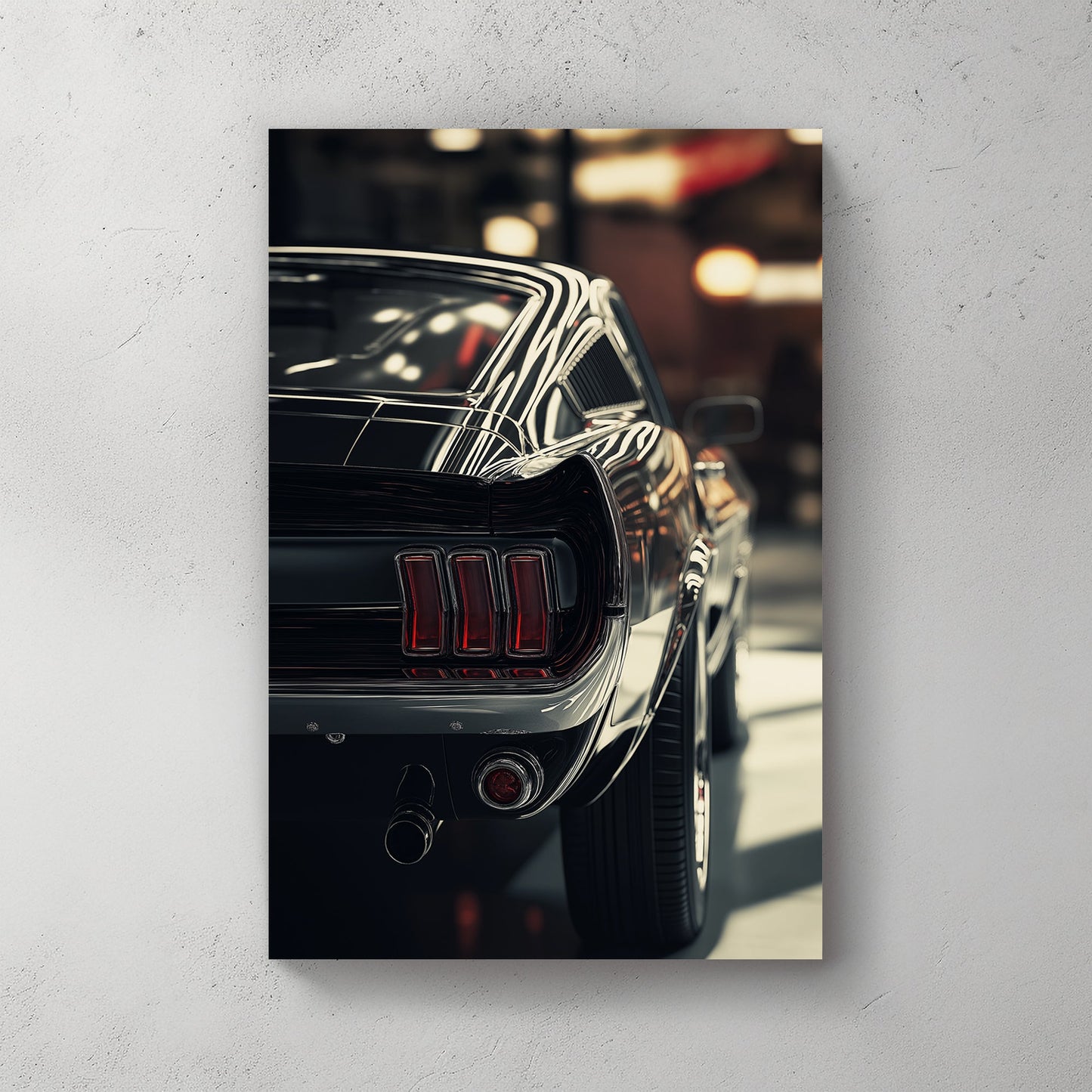 Rear view of a classic car with chrome details, red tail lights, and soft lighting in a vintage-style setting.
