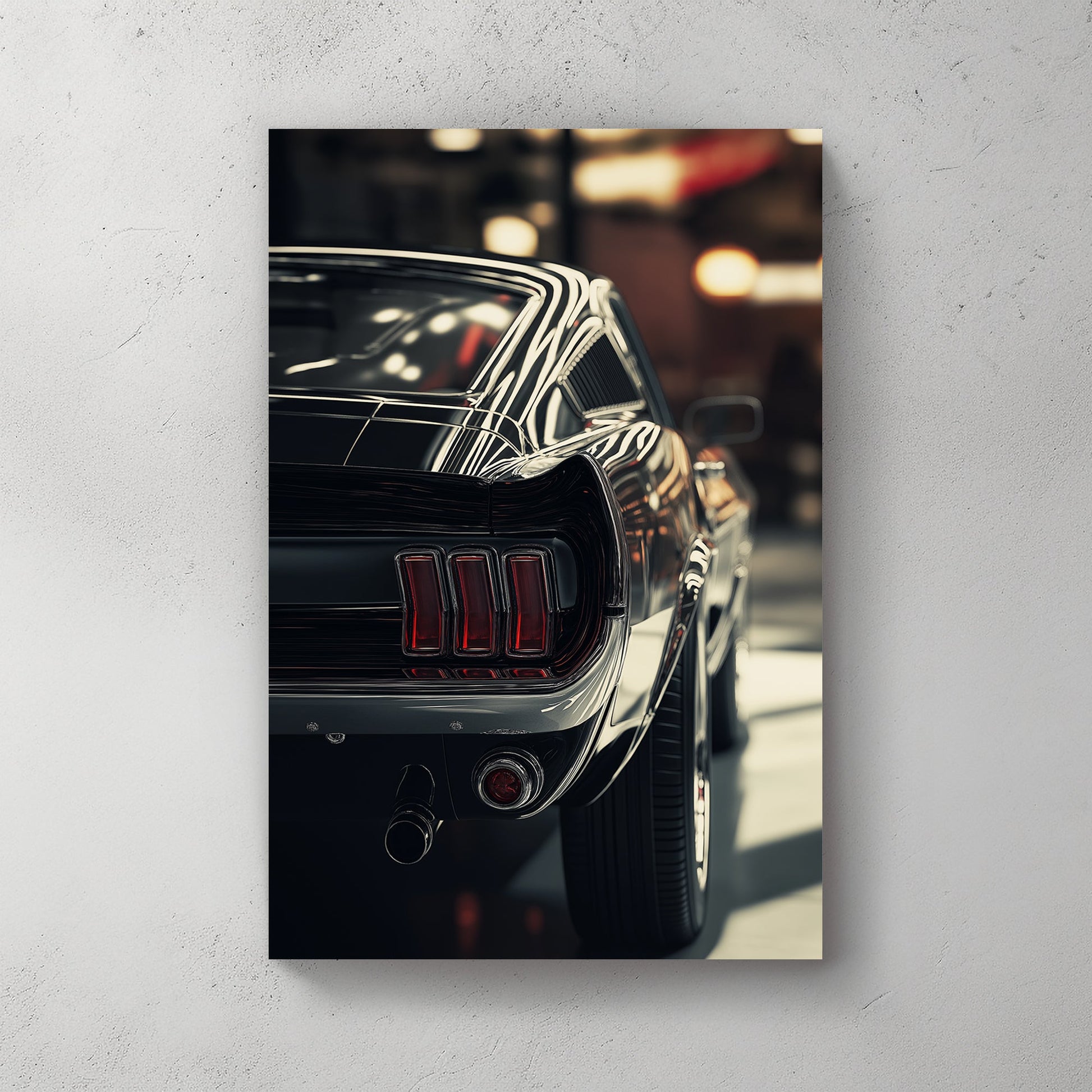 Rear view of a classic car with chrome details, red tail lights, and soft lighting in a vintage-style setting.