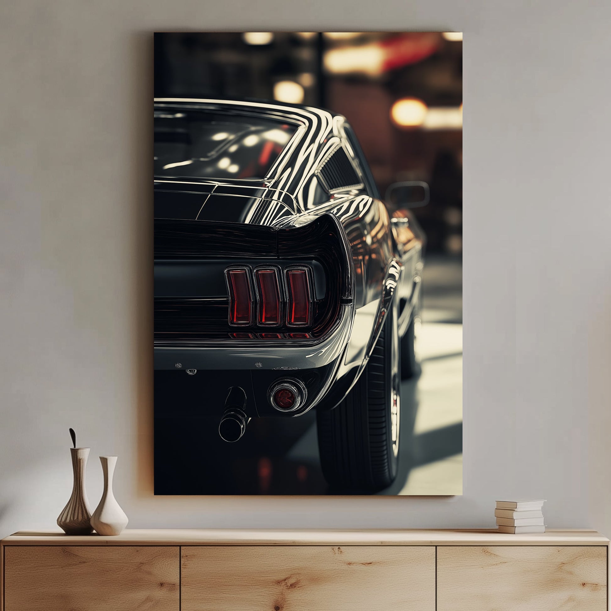 Rear view of a classic car with chrome details, red tail lights, and soft lighting in a vintage-style setting.