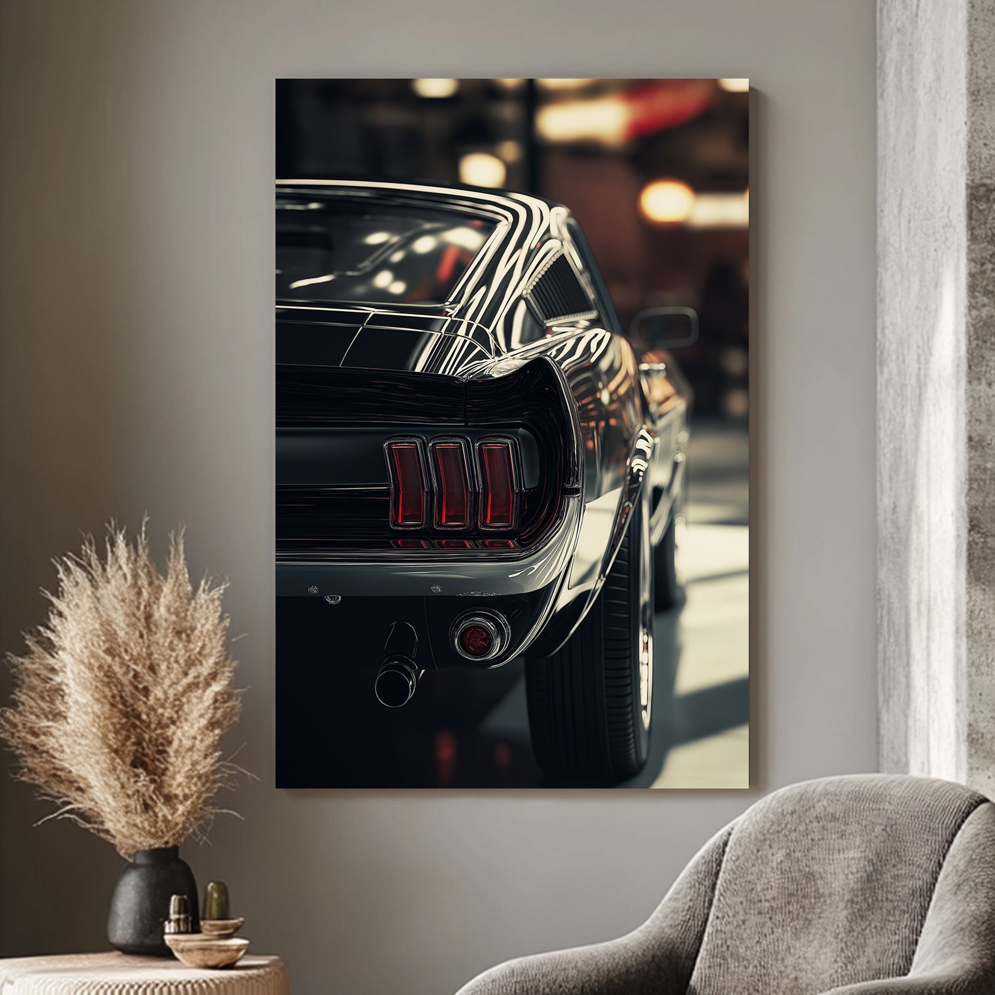 Rear view of a classic car with chrome details, red tail lights, and soft lighting in a vintage-style setting.