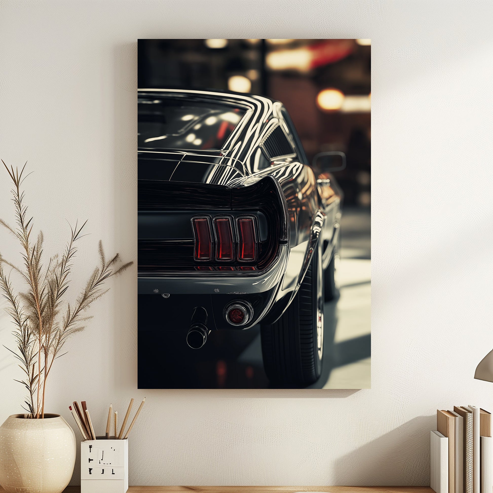 Rear view of a classic car with chrome details, red tail lights, and soft lighting in a vintage-style setting.
