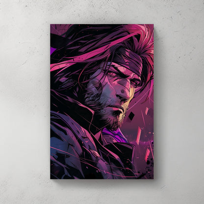 Illustration of a rugged hero with intense expression, highlighted by dramatic magenta and purple neon lighting.