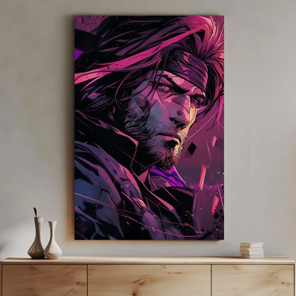 Illustration of a rugged hero with intense expression, highlighted by dramatic magenta and purple neon lighting.