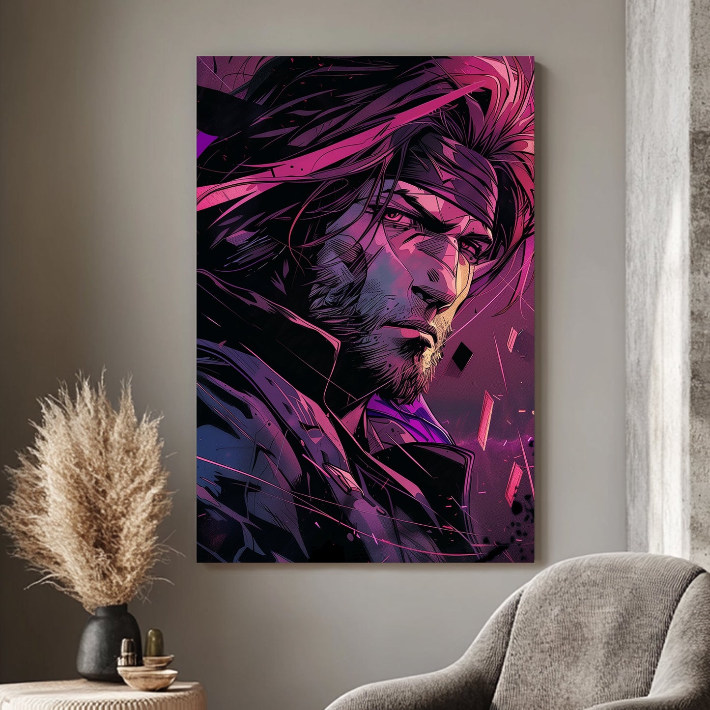 Illustration of a rugged hero with intense expression, highlighted by dramatic magenta and purple neon lighting.