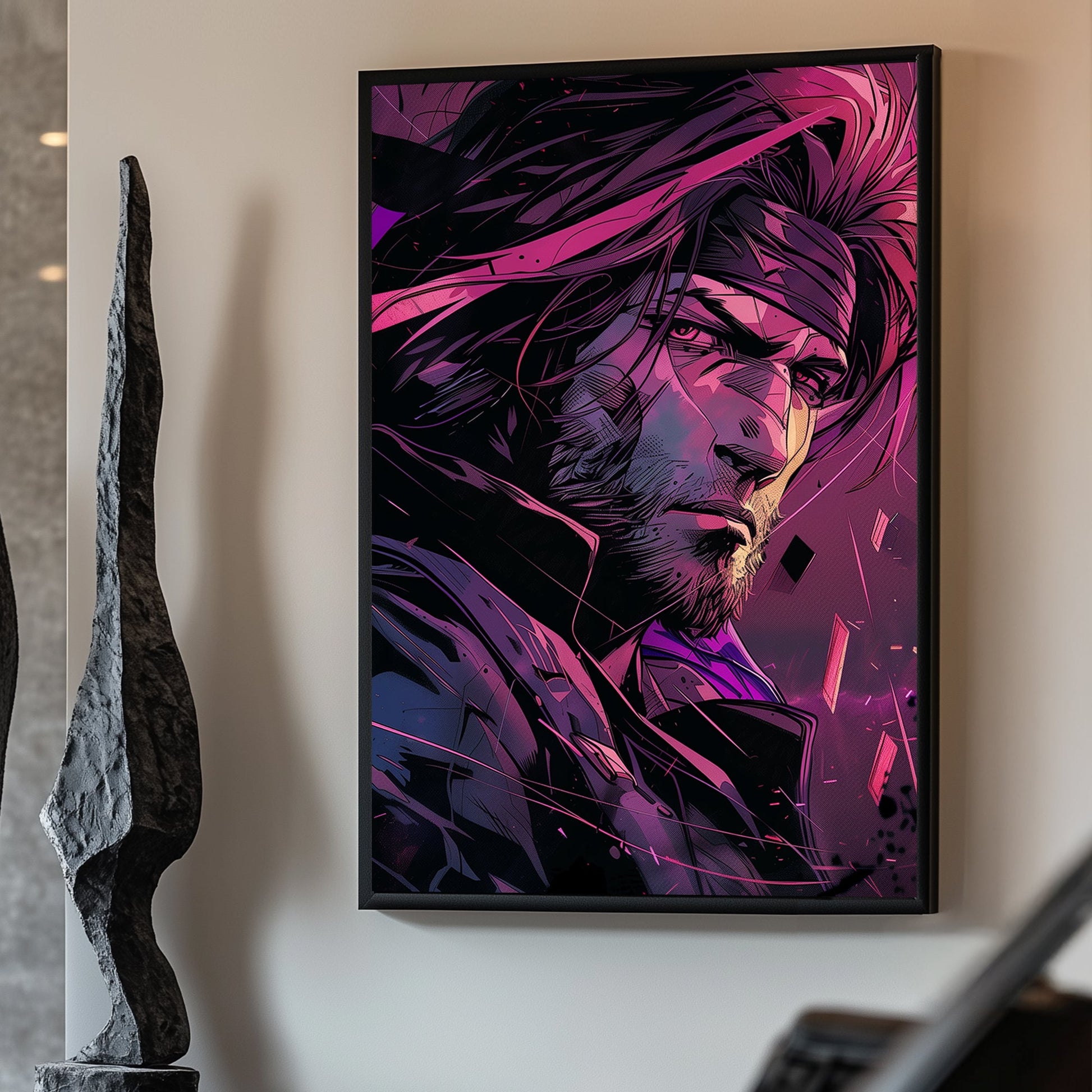 Illustration of a rugged hero with intense expression, highlighted by dramatic magenta and purple neon lighting.