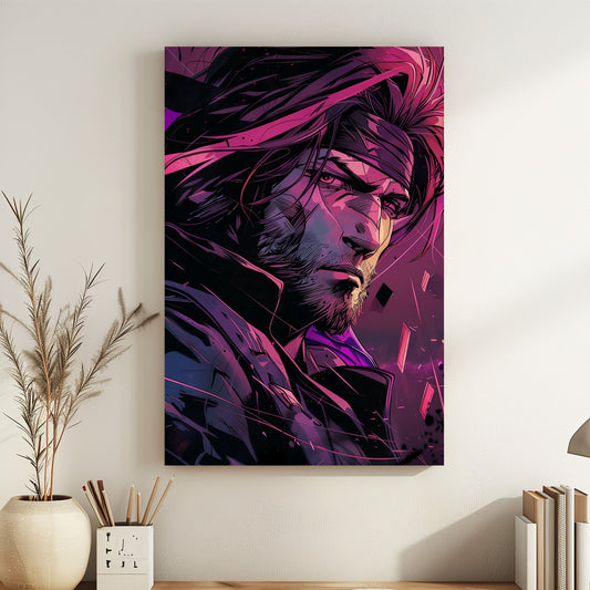 Illustration of a rugged hero with intense expression, highlighted by dramatic magenta and purple neon lighting.