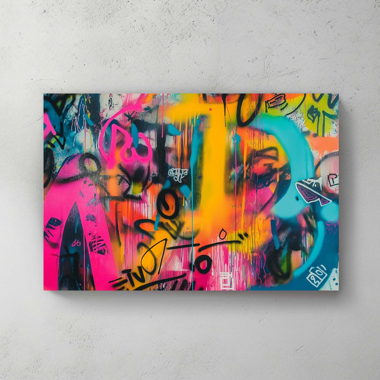 Graffiti-style artwork featuring neon pink, blue, and yellow with abstract shapes and dripping lines.