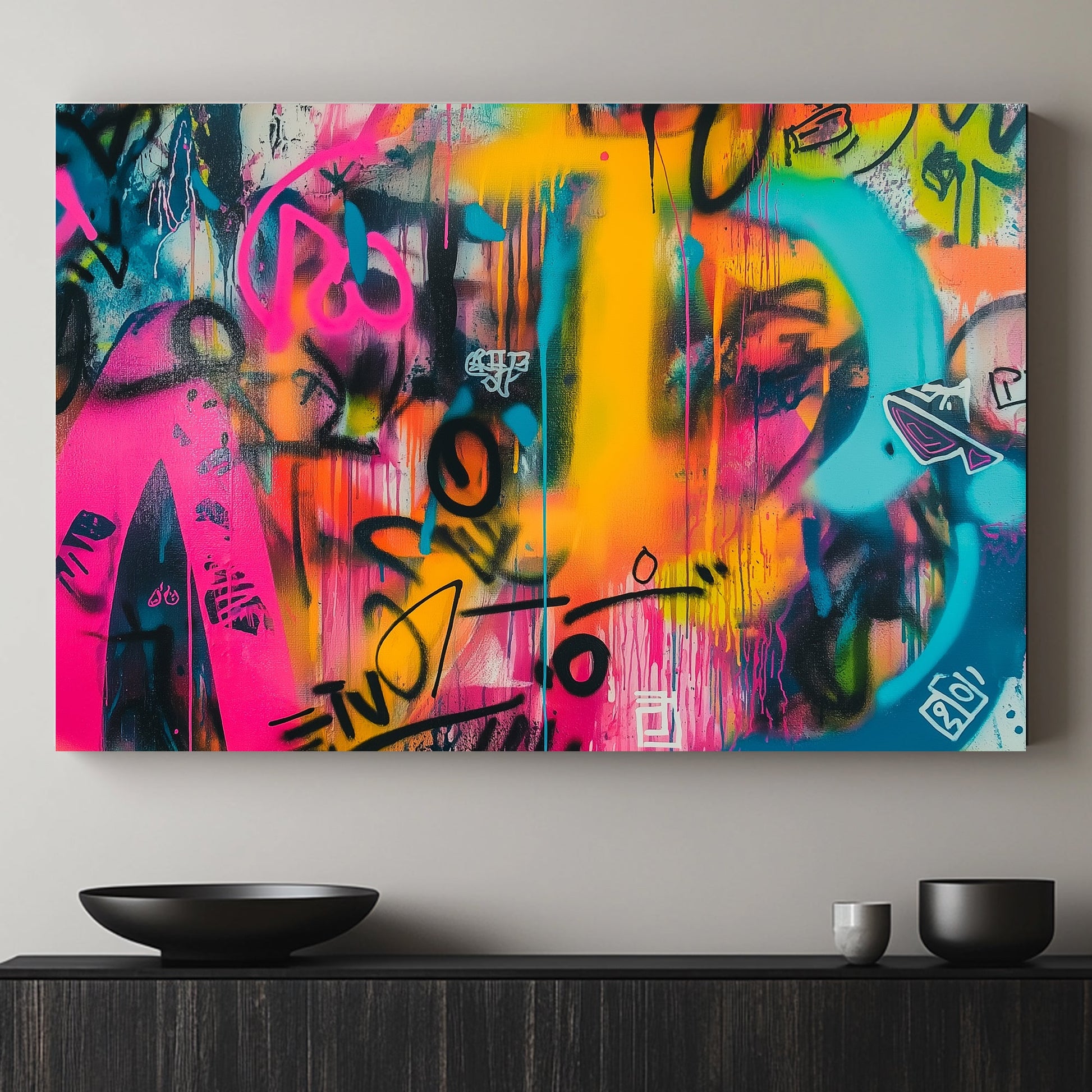 Graffiti-style artwork featuring neon pink, blue, and yellow with abstract shapes and dripping lines.