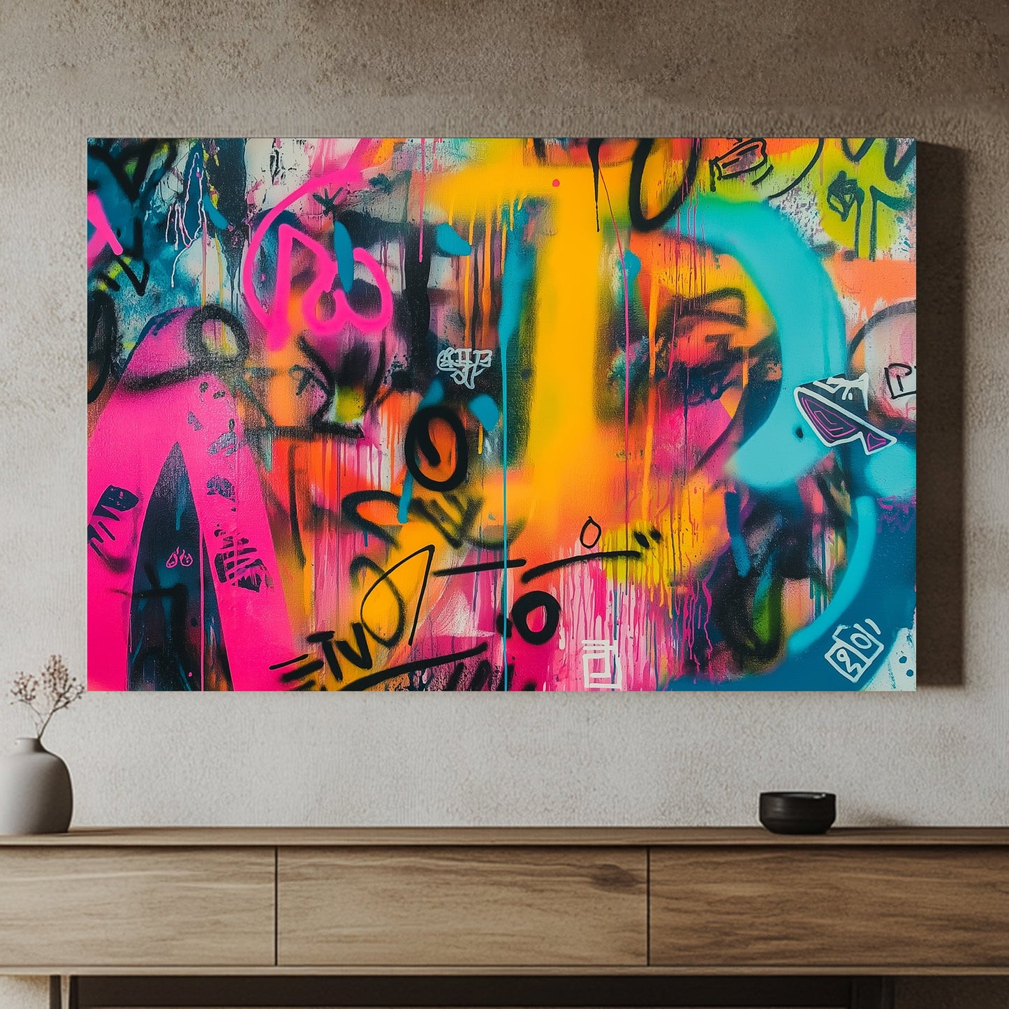 Graffiti-style artwork featuring neon pink, blue, and yellow with abstract shapes and dripping lines.