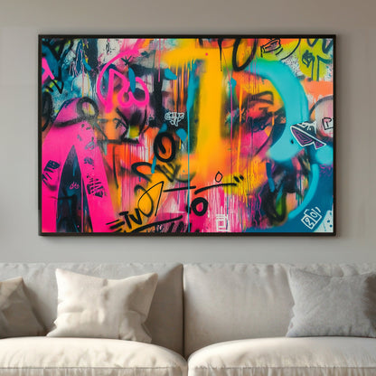 Graffiti-style artwork featuring neon pink, blue, and yellow with abstract shapes and dripping lines.