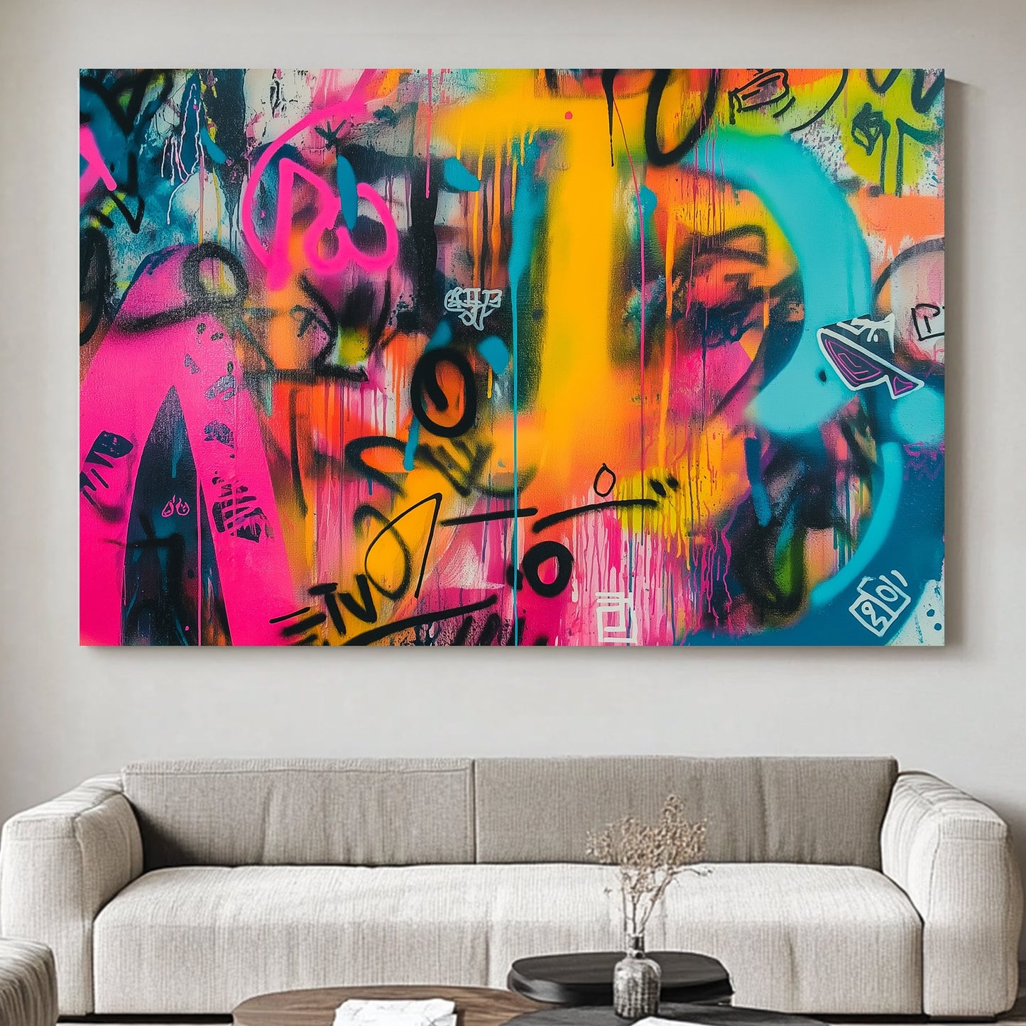 Graffiti-style artwork featuring neon pink, blue, and yellow with abstract shapes and dripping lines.