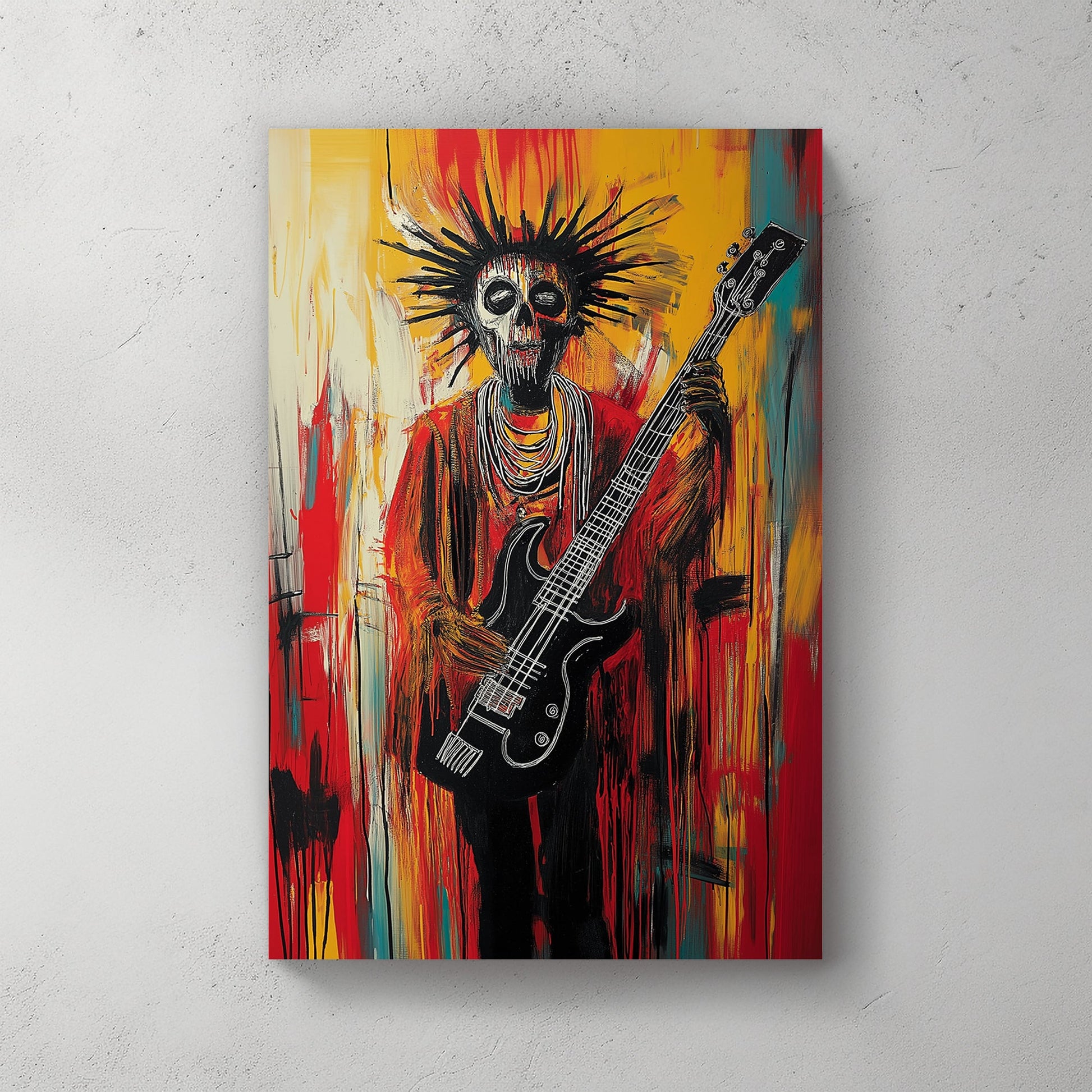 Abstract painting of a skeletal guitarist with a black guitar, surrounded by fiery red and yellow streaks.